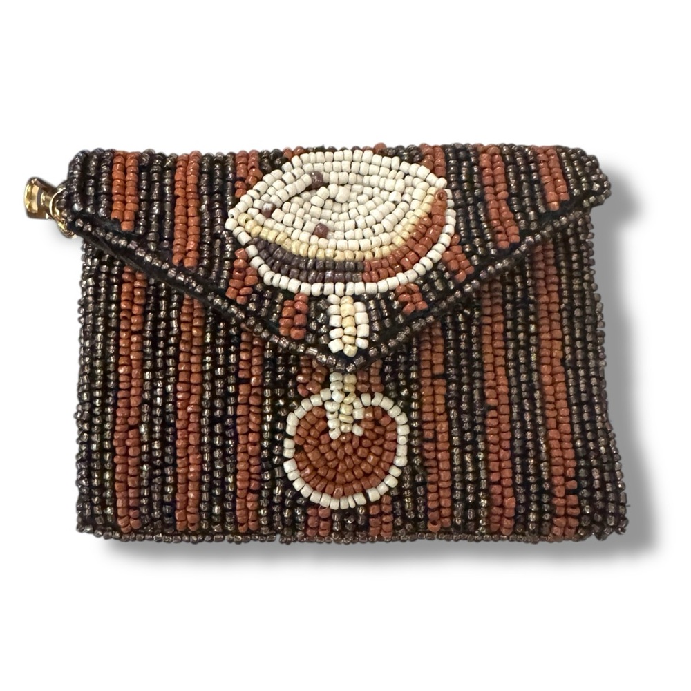 Rachel Zoe Beaded Clutch in Brown, Black & Cream